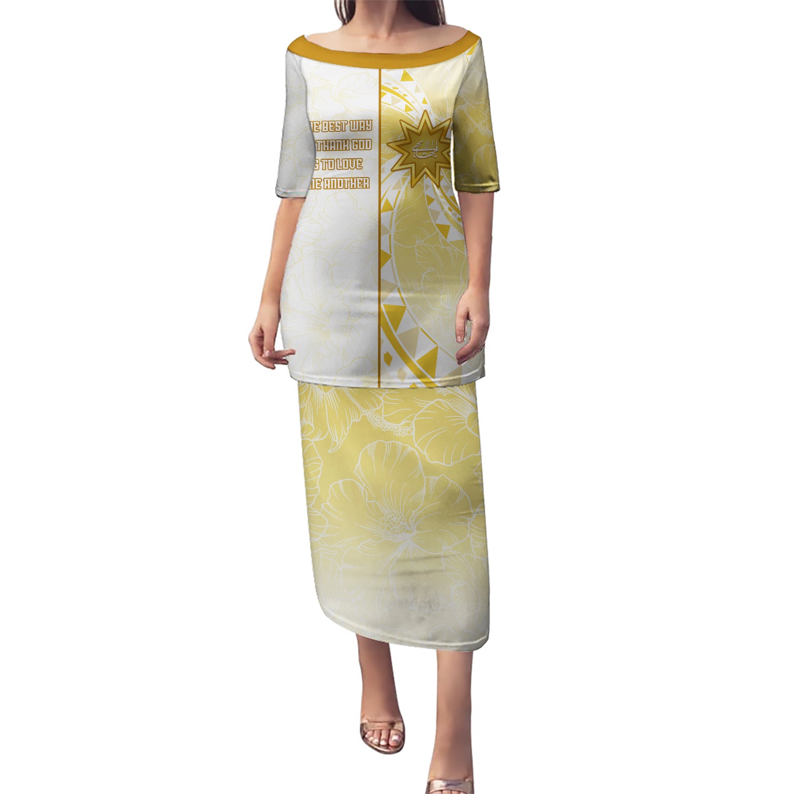 Personalised Polynesia Puletasi Bahai Faith Symbol LT05 Long Dress Yellow - Polynesian Pride