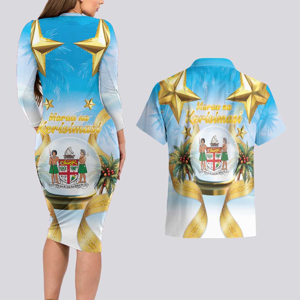 Fiji Christmas Couples Matching Long Sleeve Bodycon Dress and Hawaiian Shirt Snow Globe With Fijian Santa LT05