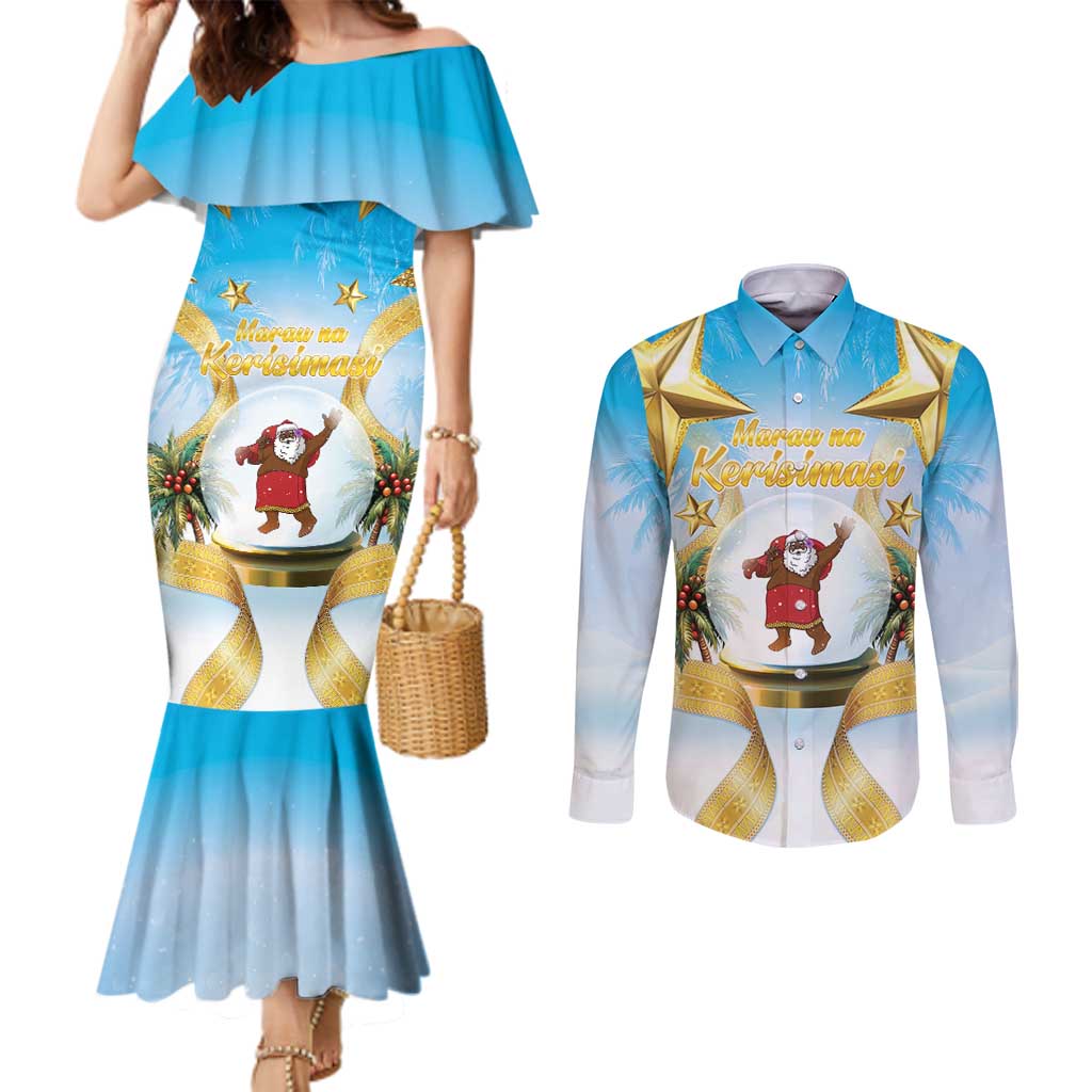 Fiji Christmas Couples Matching Mermaid Dress and Long Sleeve Button Shirt Snow Globe With Fijian Santa LT05