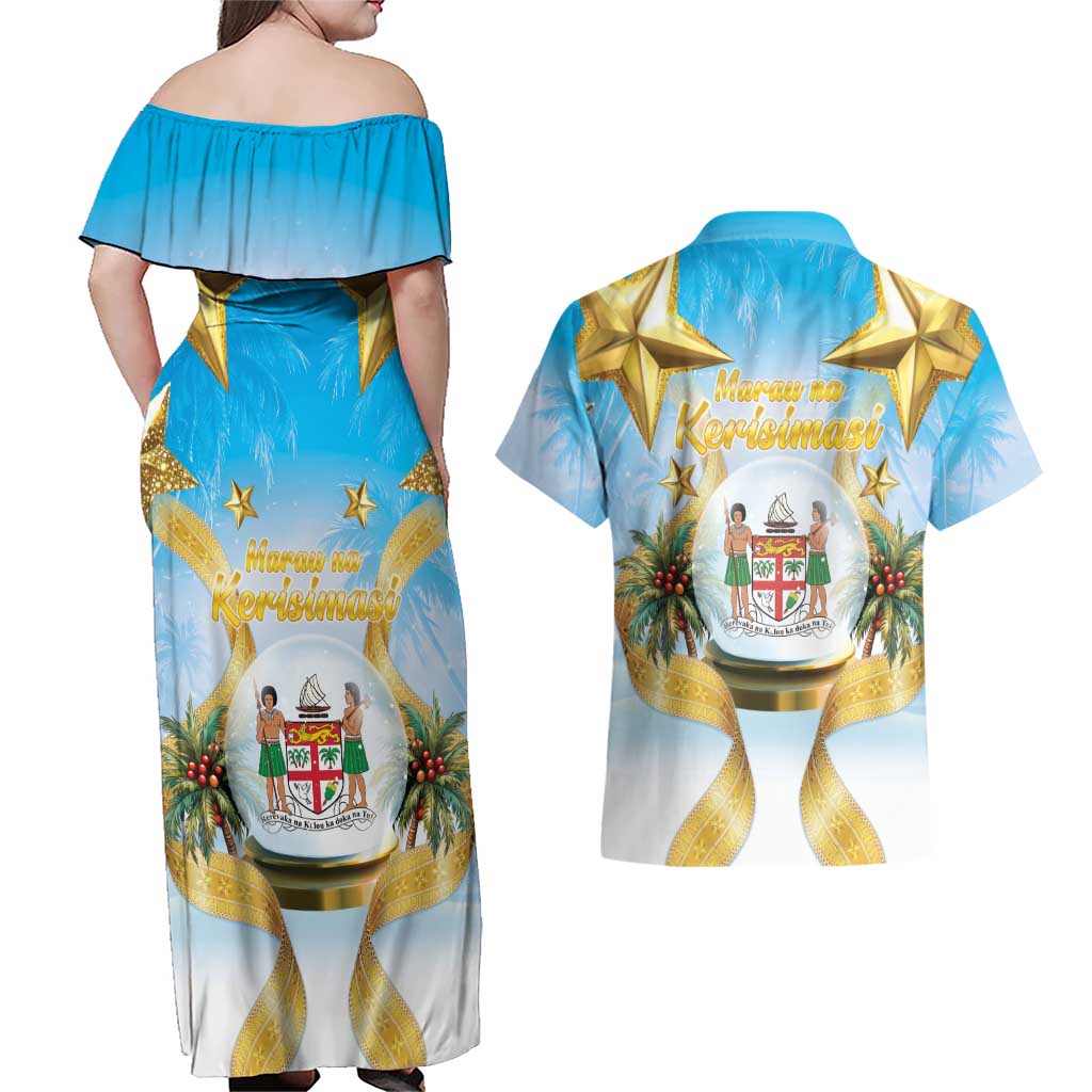 Fiji Christmas Couples Matching Off Shoulder Maxi Dress and Hawaiian Shirt Snow Globe With Fijian Santa LT05