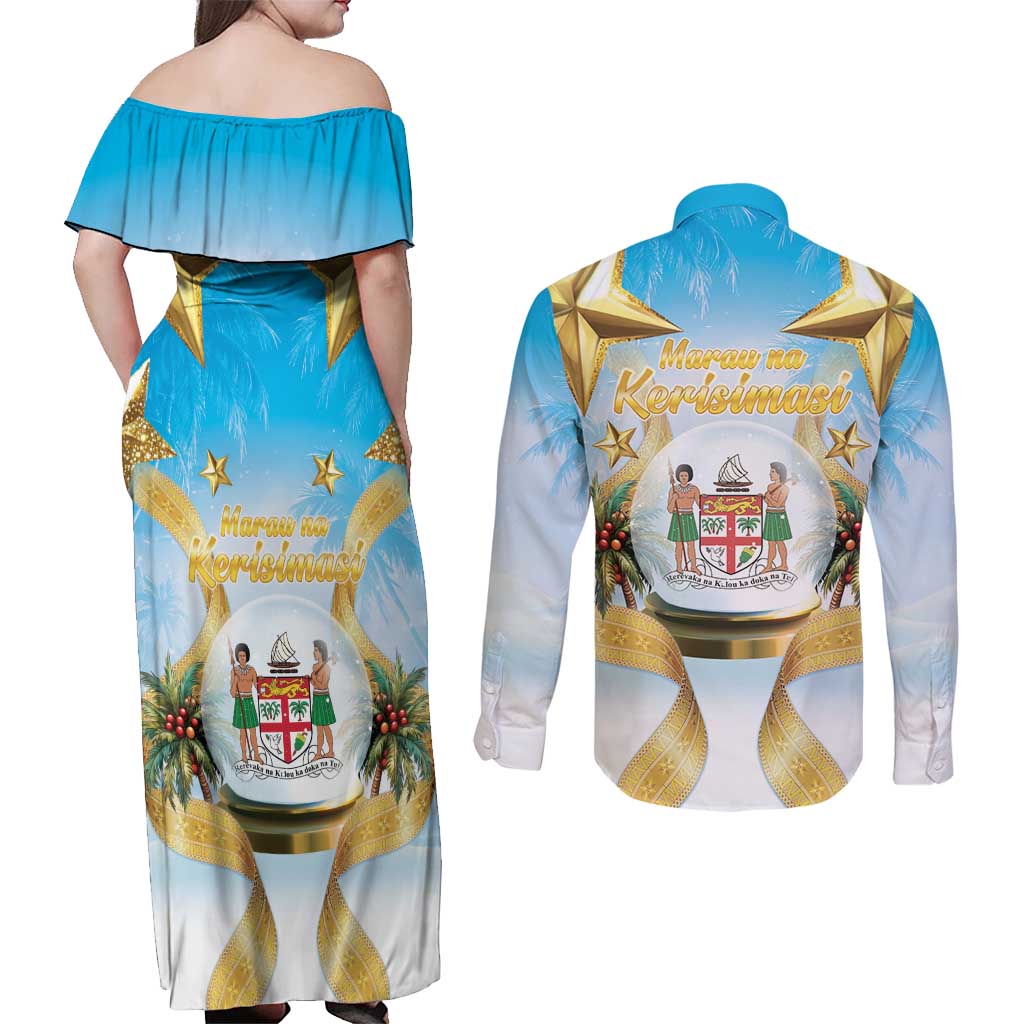Fiji Christmas Couples Matching Off Shoulder Maxi Dress and Long Sleeve Button Shirt Snow Globe With Fijian Santa LT05