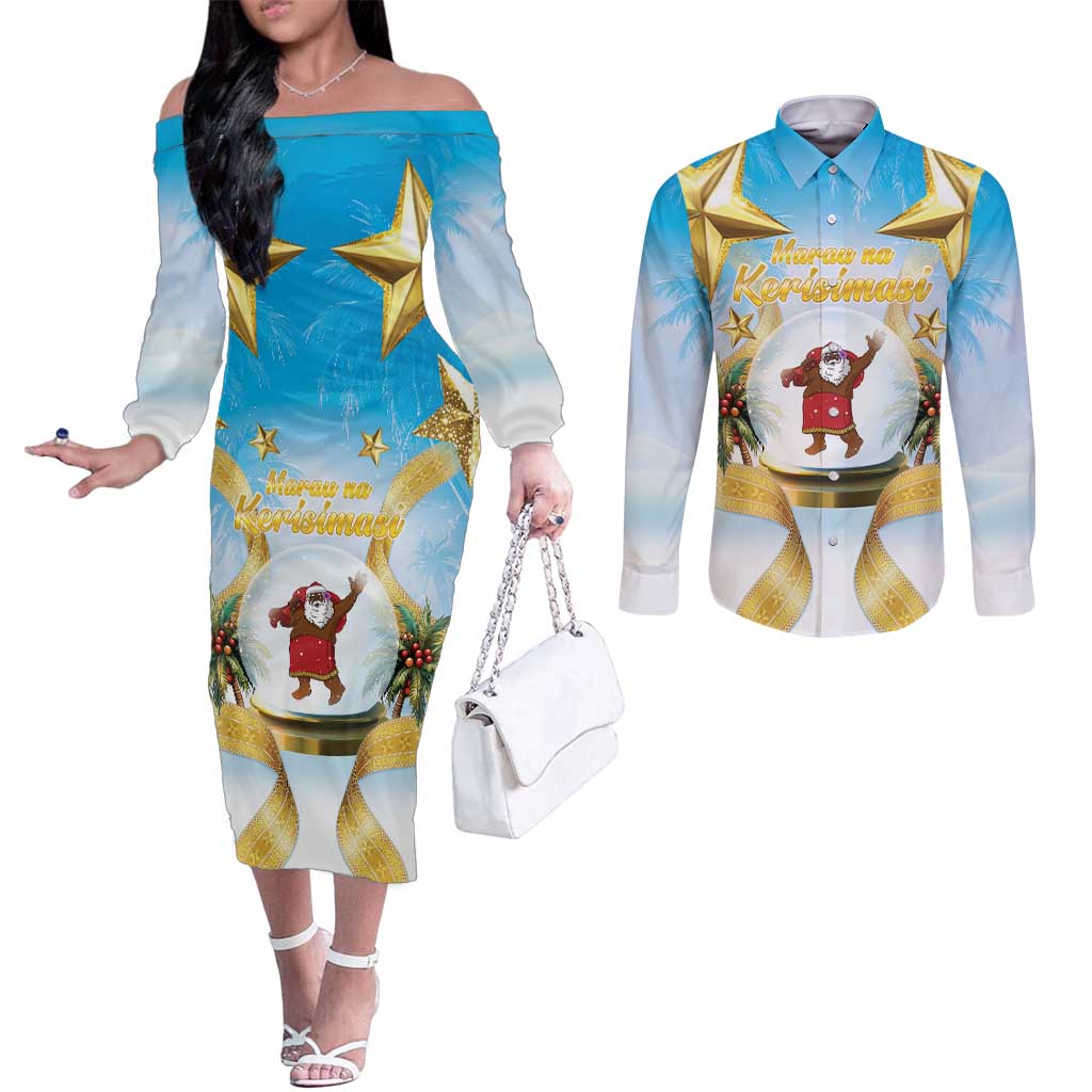 Fiji Christmas Couples Matching Off The Shoulder Long Sleeve Dress and Long Sleeve Button Shirt Snow Globe With Fijian Santa LT05