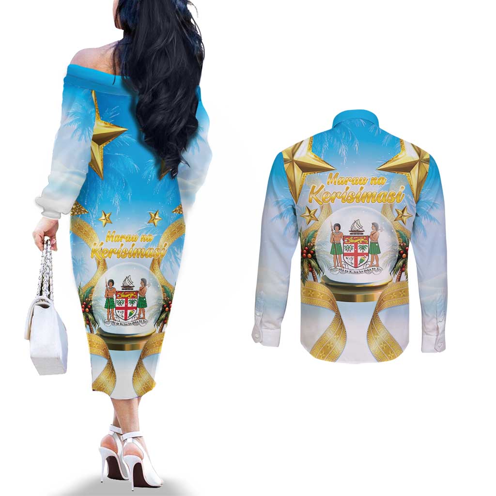 Fiji Christmas Couples Matching Off The Shoulder Long Sleeve Dress and Long Sleeve Button Shirt Snow Globe With Fijian Santa LT05