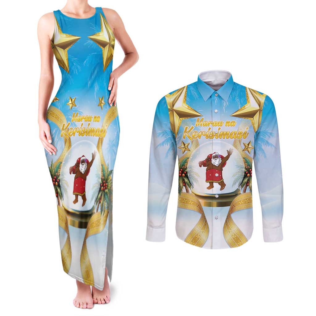 Fiji Christmas Couples Matching Tank Maxi Dress and Long Sleeve Button Shirt Snow Globe With Fijian Santa LT05