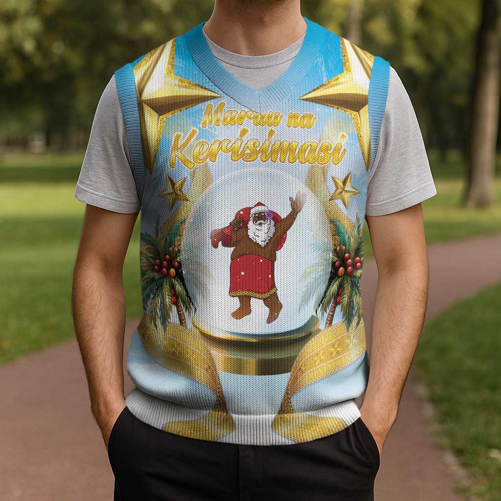 Fiji Christmas Knitted V-Neck Vest Snow Globe With Fijian Santa - Polynesian Pride