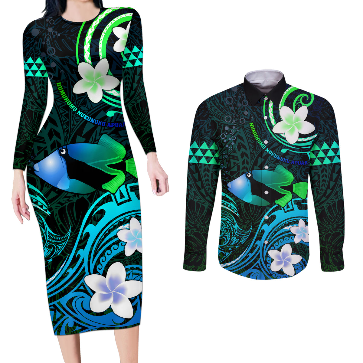 Personalised Hawaii Humuhumu Reef Triggerfish Couples Matching Long Sleeve Bodycon Dress and Long Sleeve Button Shirt Turquoise With Plumeria LT05 Turquoise - Polynesian Pride