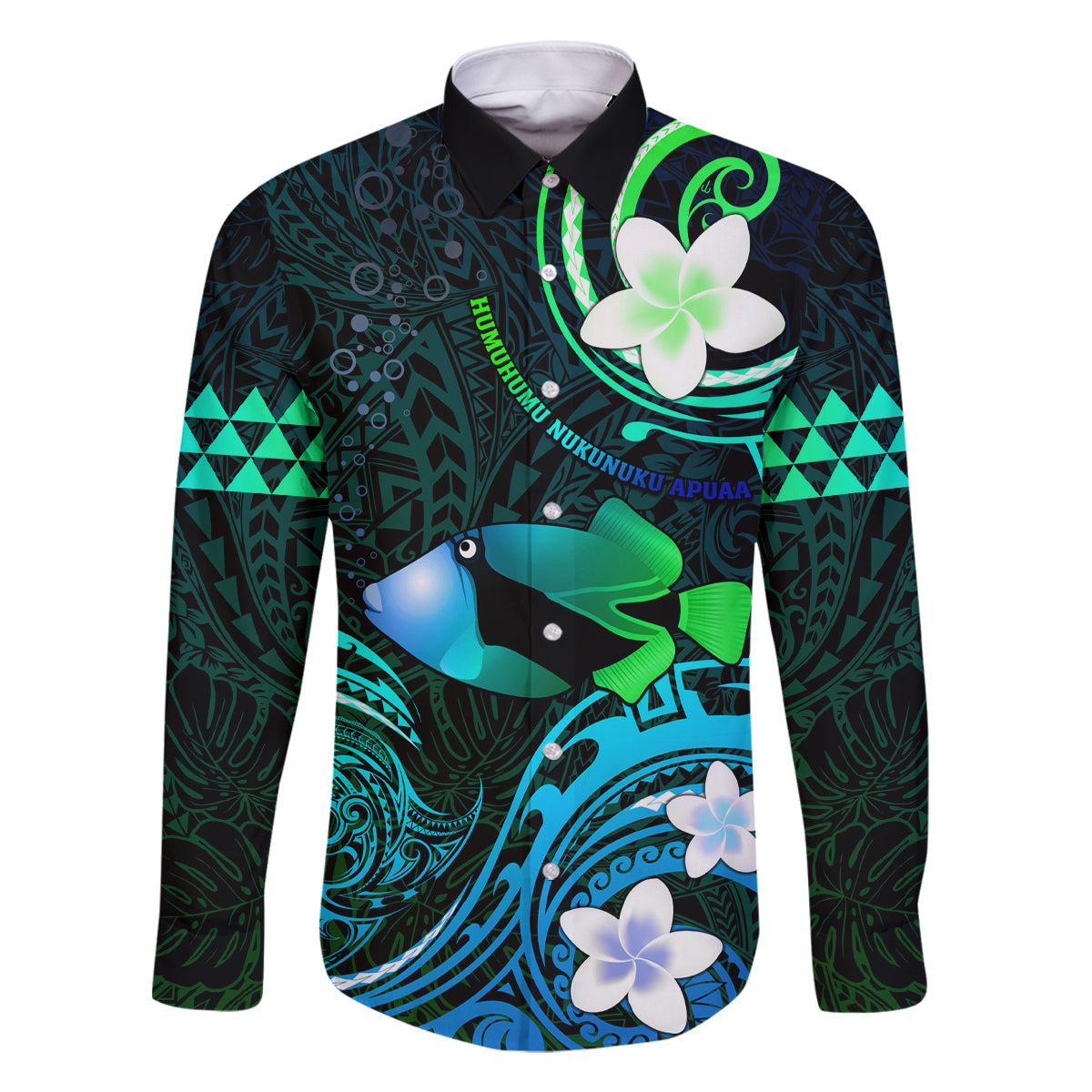 Personalised Hawaii Humuhumu Reef Triggerfish Family Matching Mermaid Dress and Hawaiian Shirt Turquoise With Plumeria LT05 Dad's Shirt - Long Sleeve Turquoise - Polynesian Pride