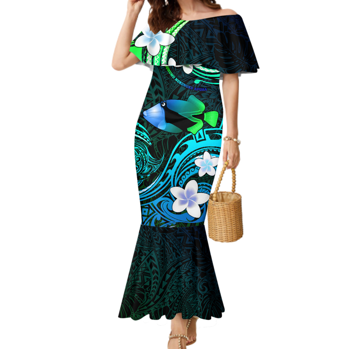 Personalised Hawaii Humuhumu Reef Triggerfish Family Matching Mermaid Dress and Hawaiian Shirt Turquoise With Plumeria LT05 Mom's Dress Turquoise - Polynesian Pride
