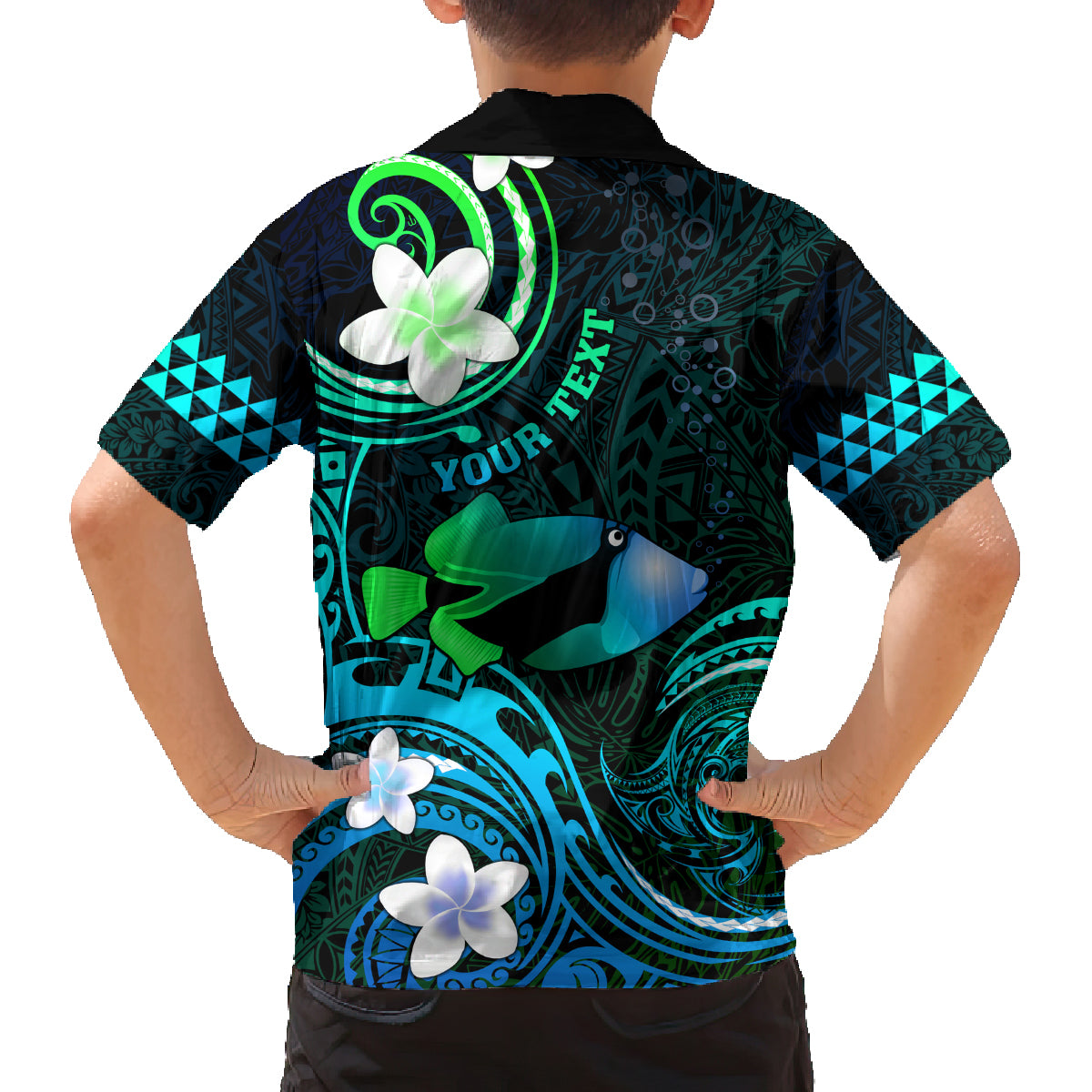 Personalised Hawaii Humuhumu Reef Triggerfish Family Matching Off Shoulder Short Dress and Hawaiian Shirt Turquoise With Plumeria LT05 - Polynesian Pride