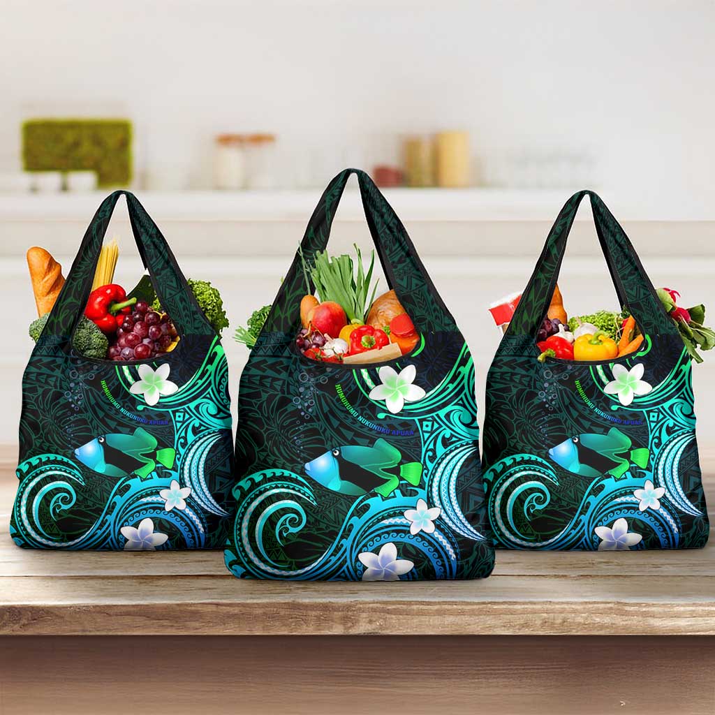 Hawaii Humuhumu Reef Triggerfish Grocery Bag Turquoise With Plumeria LT05 3-pack One Size Turquoise - Polynesian Pride