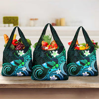 Hawaii Humuhumu Reef Triggerfish Grocery Bag Turquoise With Plumeria LT05 3-pack One Size Turquoise - Polynesian Pride