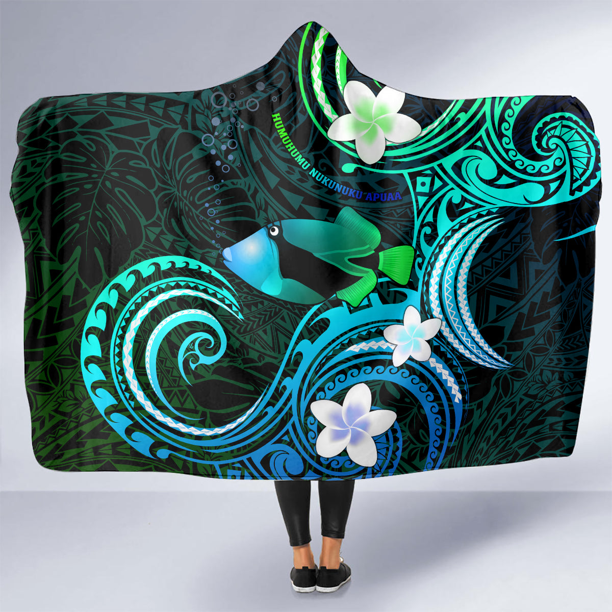 Hawaii Humuhumu Reef Triggerfish Hooded Blanket Turquoise With Plumeria LT05 - Polynesian Pride