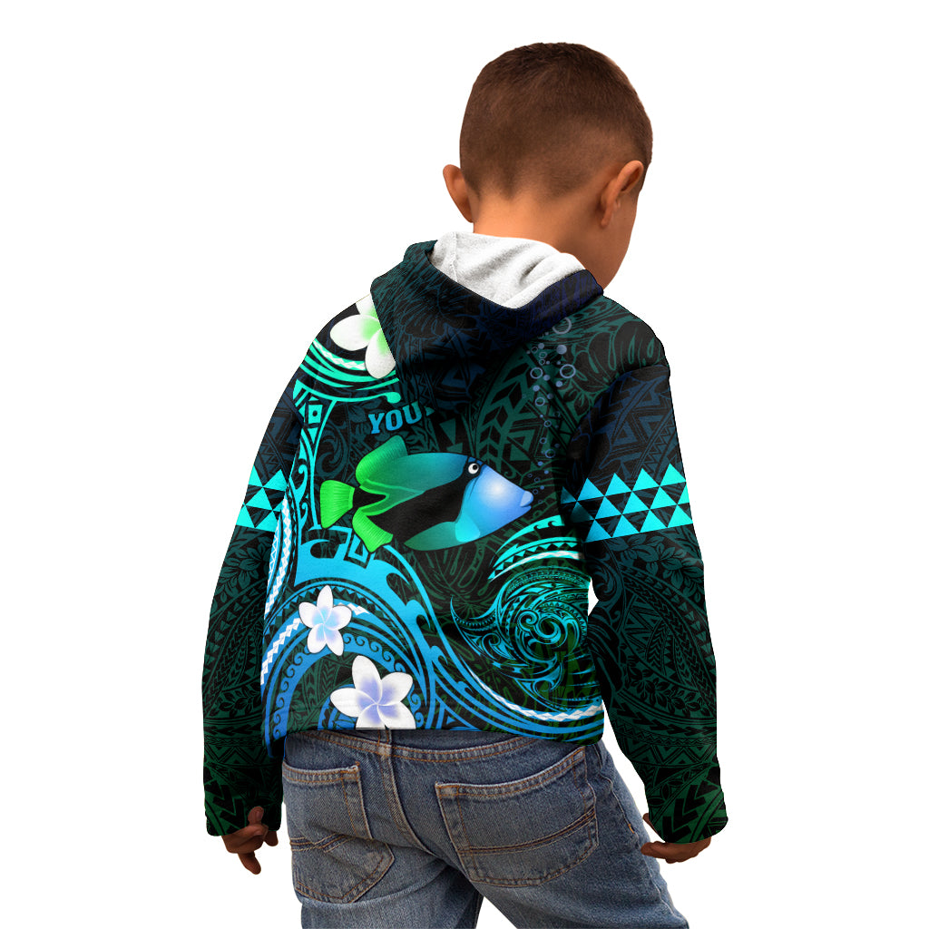 Personalised Hawaii Humuhumu Reef Triggerfish Kid Hoodie Turquoise With Plumeria LT05 - Polynesian Pride
