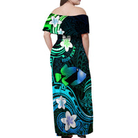 Personalised Hawaii Humuhumu Reef Triggerfish Off Shoulder Maxi Dress Turquoise With Plumeria LT05 - Polynesian Pride