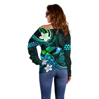 Personalised Hawaii Humuhumu Reef Triggerfish Off Shoulder Sweater Turquoise With Plumeria LT05 - Polynesian Pride