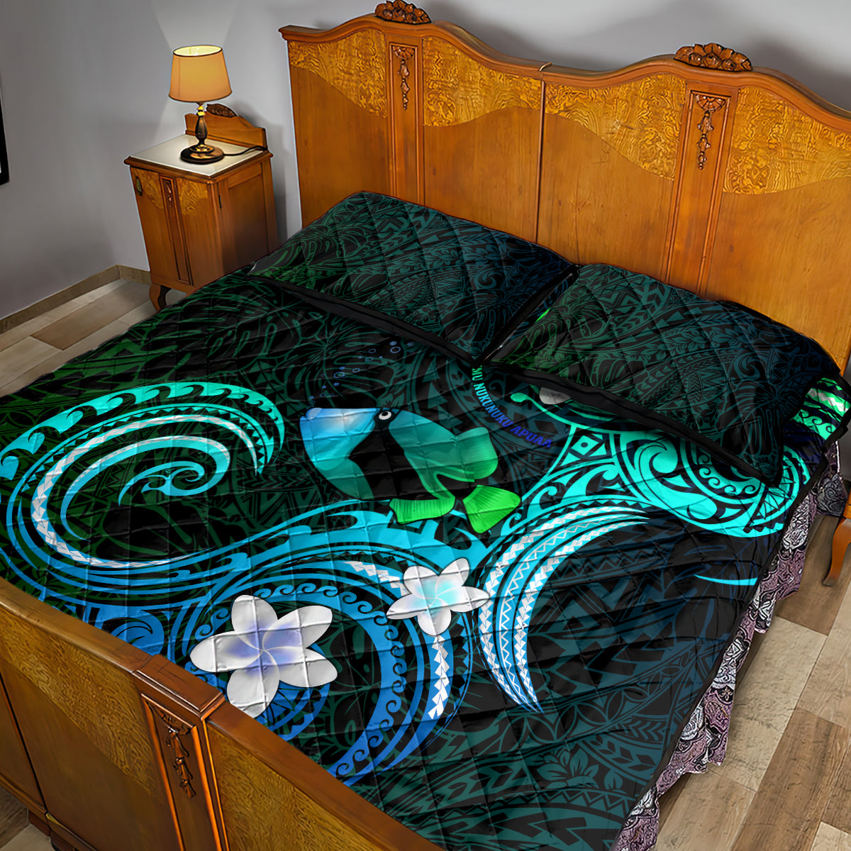 Hawaii Humuhumu Reef Triggerfish Quilt Bed Set Turquoise With Plumeria LT05 - Polynesian Pride