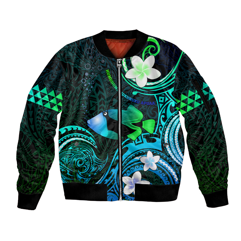 Personalised Hawaii Humuhumu Reef Triggerfish Sleeve Zip Bomber Jacket Turquoise With Plumeria LT05 Unisex Turquoise - Polynesian Pride
