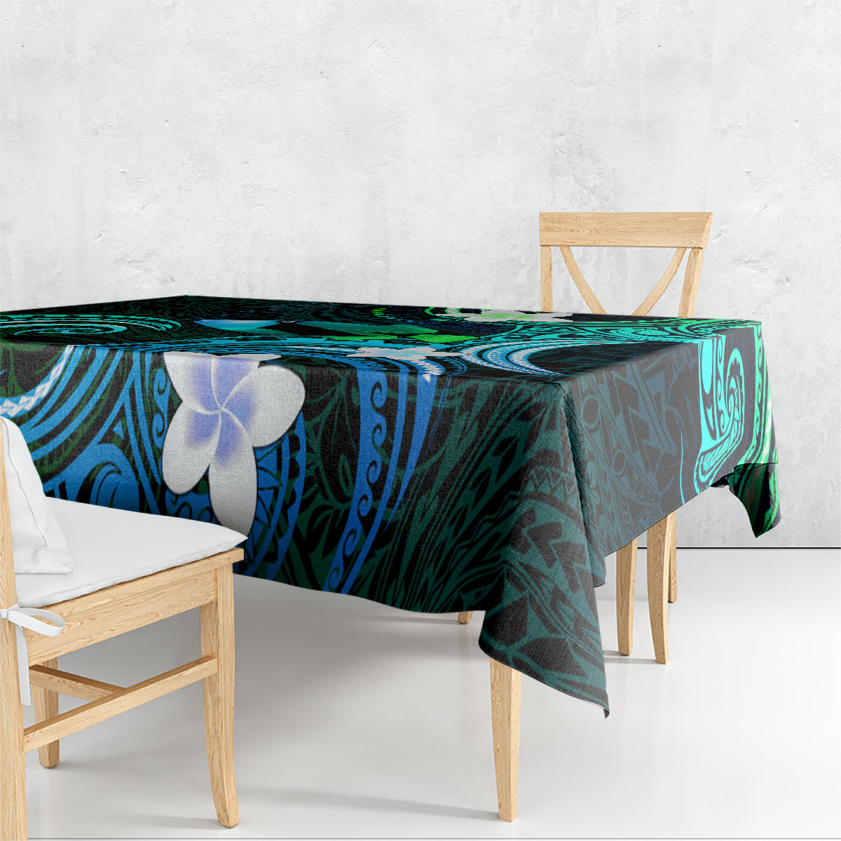 Hawaii Humuhumu Reef Triggerfish Tablecloth Turquoise With Plumeria LT05 - Polynesian Pride