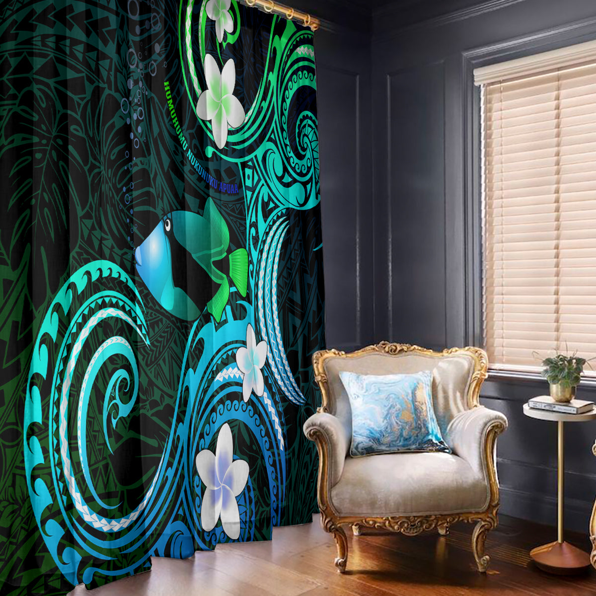 Hawaii Humuhumu Reef Triggerfish Window Curtain Turquoise With Plumeria LT05 - Polynesian Pride