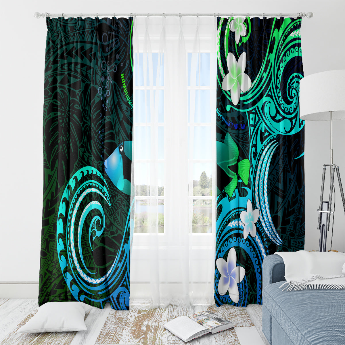 Hawaii Humuhumu Reef Triggerfish Window Curtain Turquoise With Plumeria LT05 - Polynesian Pride