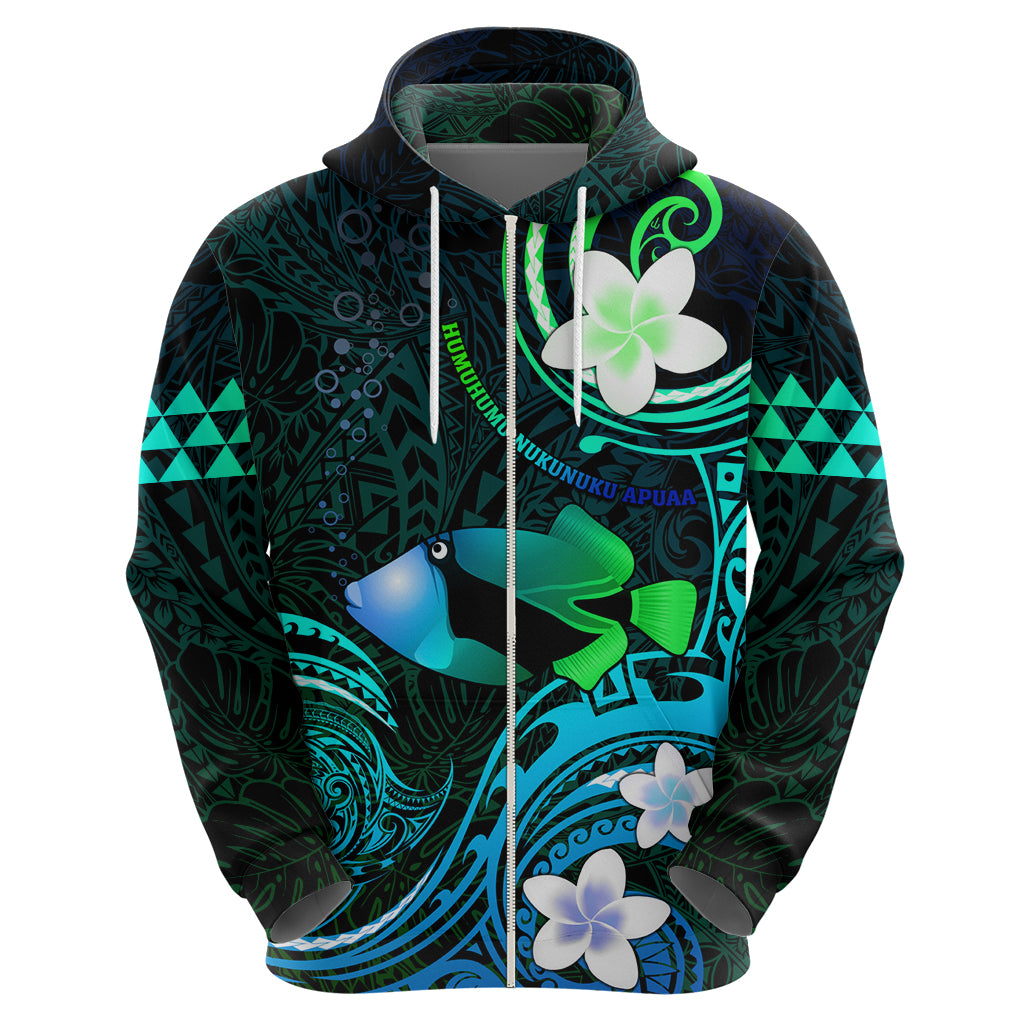 Personalised Hawaii Humuhumu Reef Triggerfish Zip Hoodie Turquoise With Plumeria LT05 - Polynesian Pride
