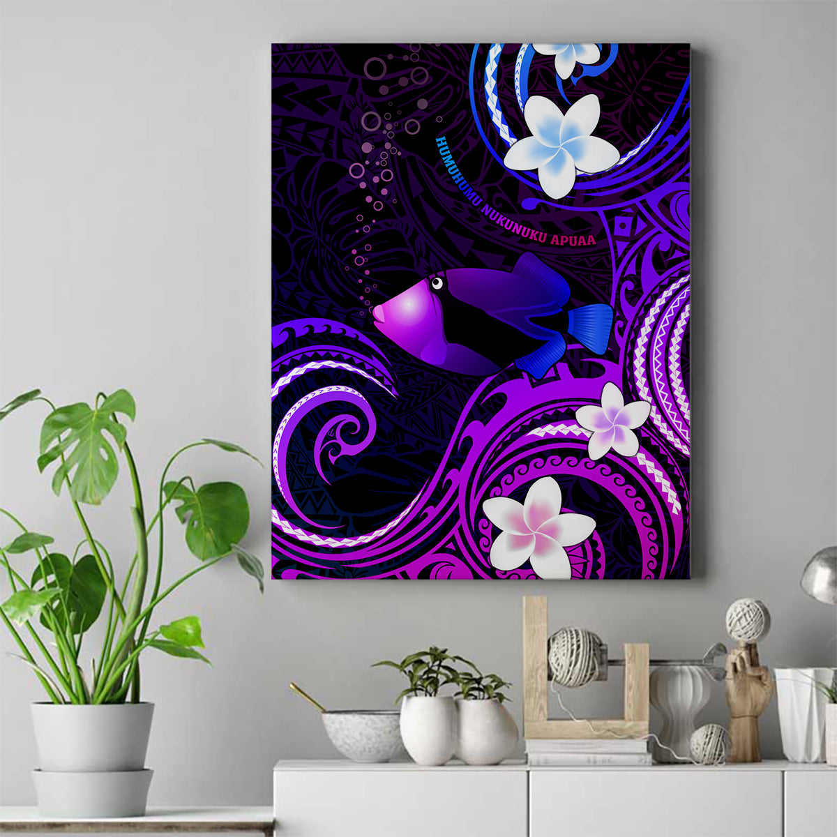 Hawaii Humuhumu Reef Triggerfish Canvas Wall Art Violet With Plumeria LT05 Violet - Polynesian Pride