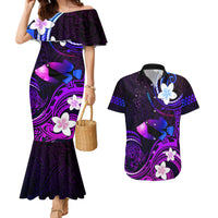 Personalised Hawaii Humuhumu Reef Triggerfish Couples Matching Mermaid Dress and Hawaiian Shirt Violet With Plumeria LT05 Violet - Polynesian Pride