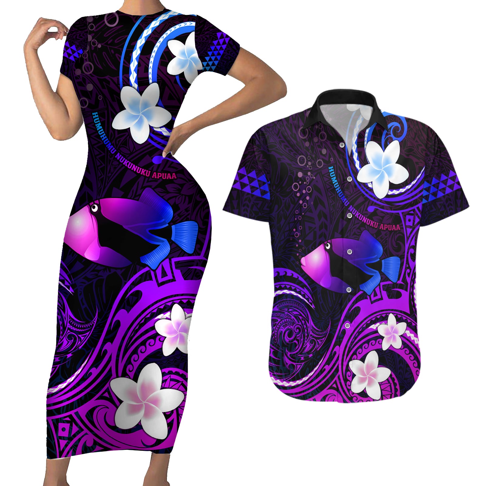 Personalised Hawaii Humuhumu Reef Triggerfish Couples Matching Short Sleeve Bodycon Dress and Hawaiian Shirt Violet With Plumeria LT05 Violet - Polynesian Pride