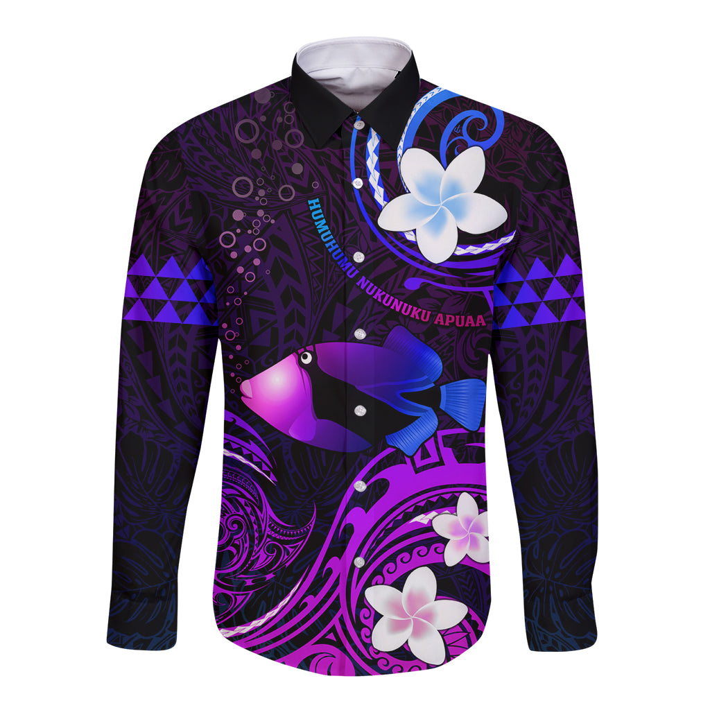 Personalised Hawaii Humuhumu Reef Triggerfish Long Sleeve Button Shirt Violet With Plumeria LT05 Unisex Violet - Polynesian Pride
