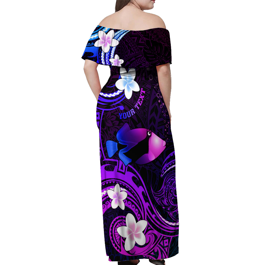 Personalised Hawaii Humuhumu Reef Triggerfish Off Shoulder Maxi Dress Violet With Plumeria LT05 - Polynesian Pride