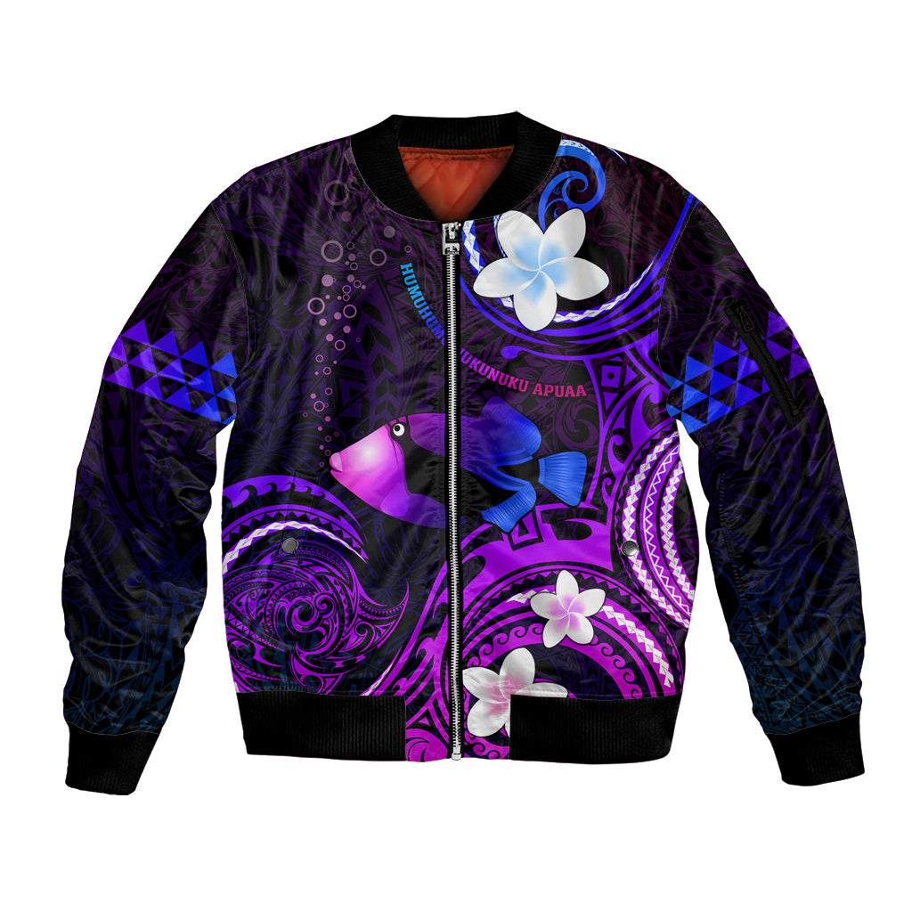 Personalised Hawaii Humuhumu Reef Triggerfish Sleeve Zip Bomber Jacket Violet With Plumeria LT05 Unisex Violet - Polynesian Pride