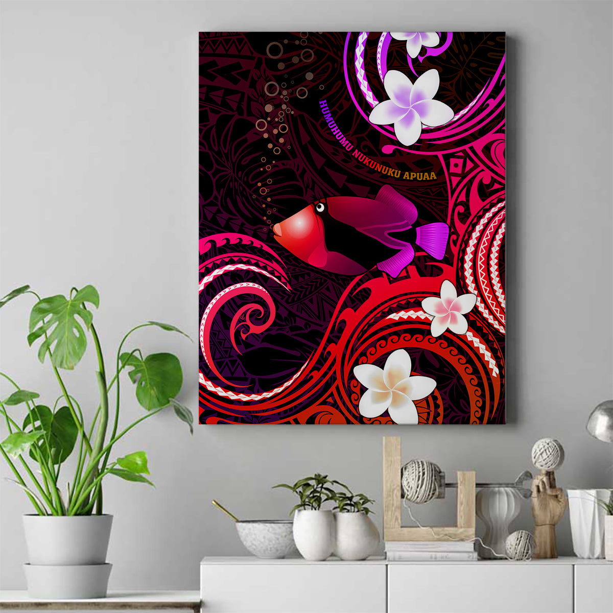 Hawaii Humuhumu Reef Triggerfish Canvas Wall Art Maroon With Plumeria LT05 Maroon - Polynesian Pride