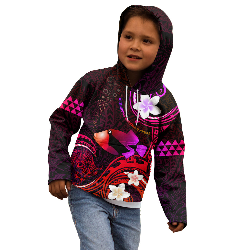 Personalised Hawaii Humuhumu Reef Triggerfish Kid Hoodie Maroon With Plumeria LT05 - Polynesian Pride