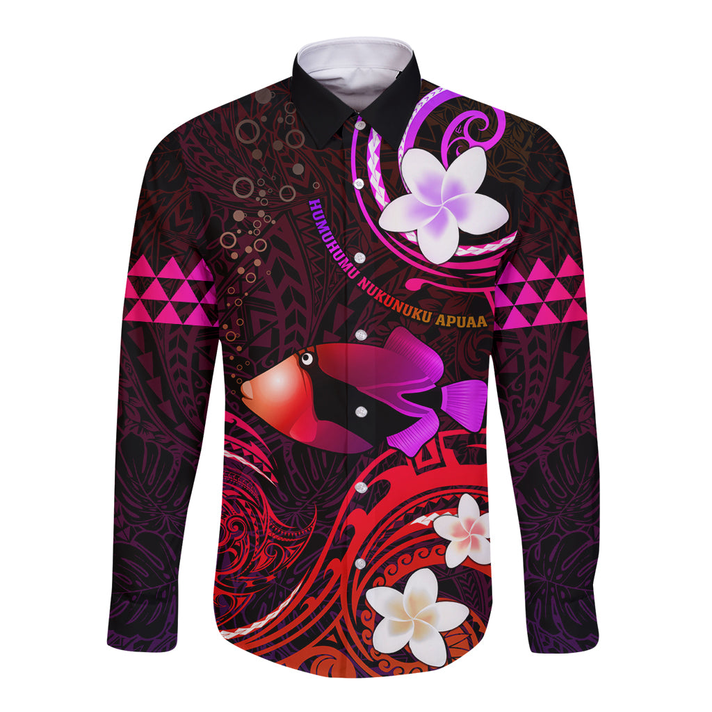 Personalised Hawaii Humuhumu Reef Triggerfish Long Sleeve Button Shirt Maroon With Plumeria LT05 Unisex Maroon - Polynesian Pride