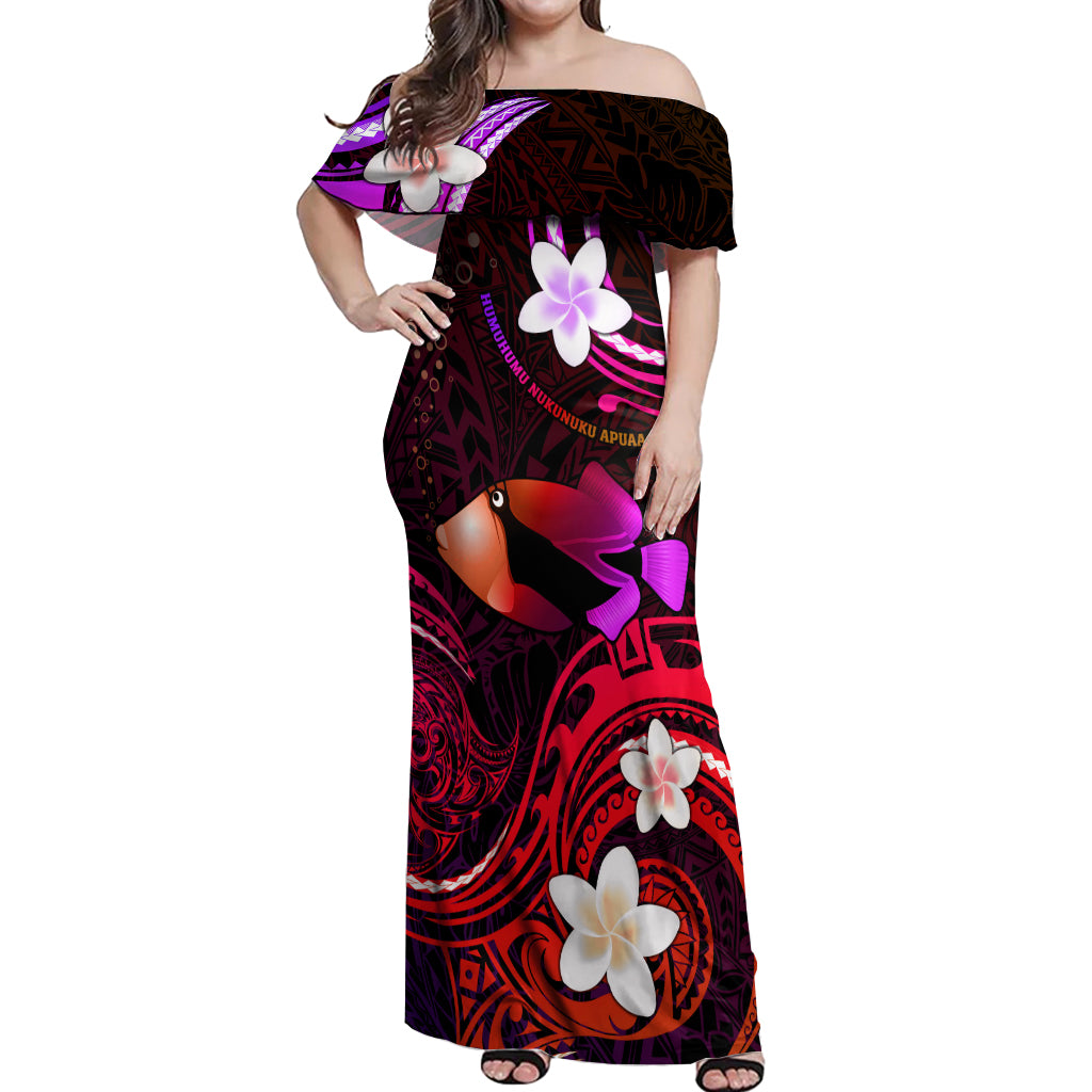 Personalised Hawaii Humuhumu Reef Triggerfish Off Shoulder Maxi Dress Maroon With Plumeria LT05 Women Maroon - Polynesian Pride