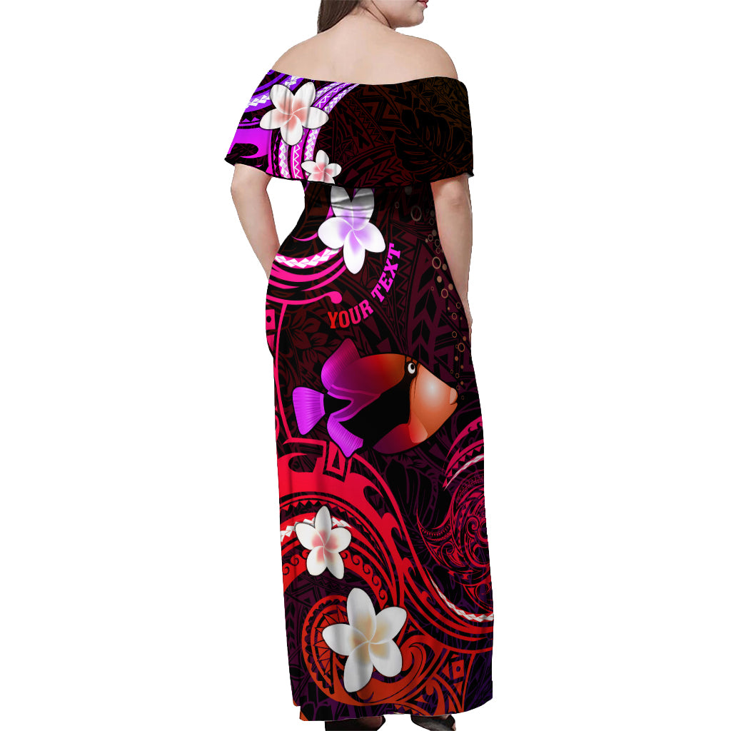 Personalised Hawaii Humuhumu Reef Triggerfish Off Shoulder Maxi Dress Maroon With Plumeria LT05 - Polynesian Pride