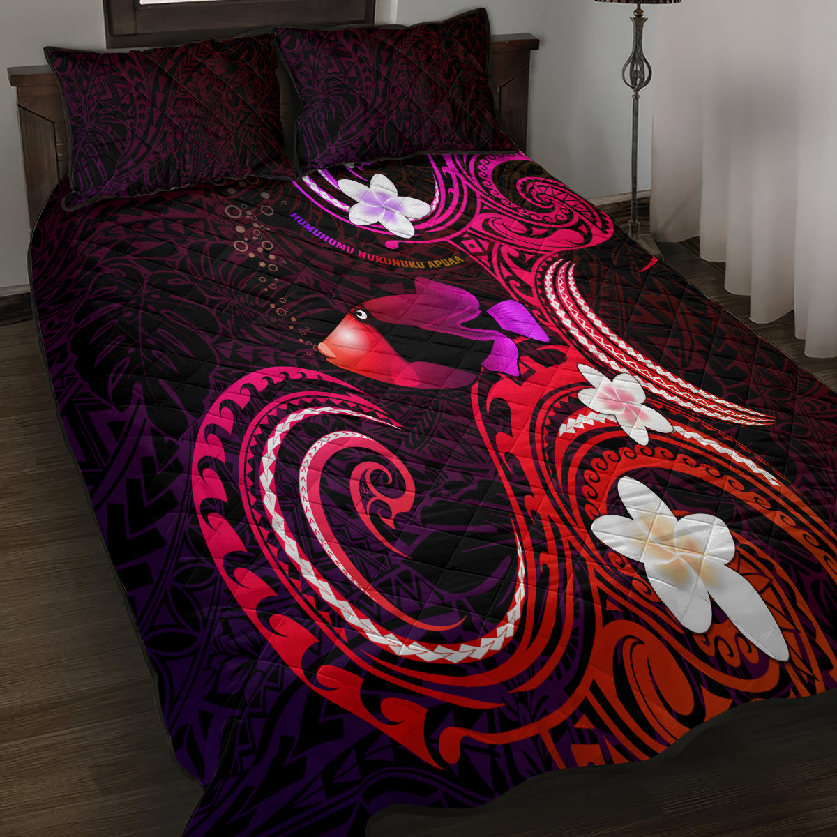 Hawaii Humuhumu Reef Triggerfish Quilt Bed Set Maroon With Plumeria LT05 - Polynesian Pride