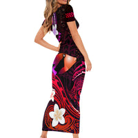 Personalised Hawaii Humuhumu Reef Triggerfish Short Sleeve Bodycon Dress Maroon With Plumeria LT05 - Polynesian Pride