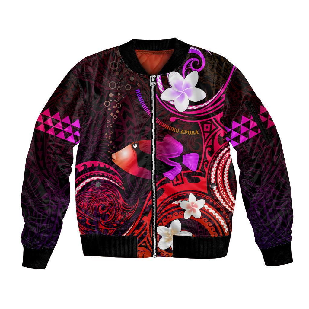 Personalised Hawaii Humuhumu Reef Triggerfish Sleeve Zip Bomber Jacket Maroon With Plumeria LT05 Unisex Maroon - Polynesian Pride
