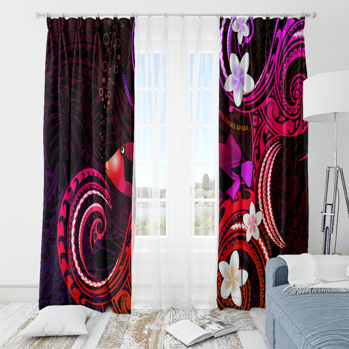 Hawaii Humuhumu Reef Triggerfish Window Curtain Maroon With Plumeria LT05 - Polynesian Pride