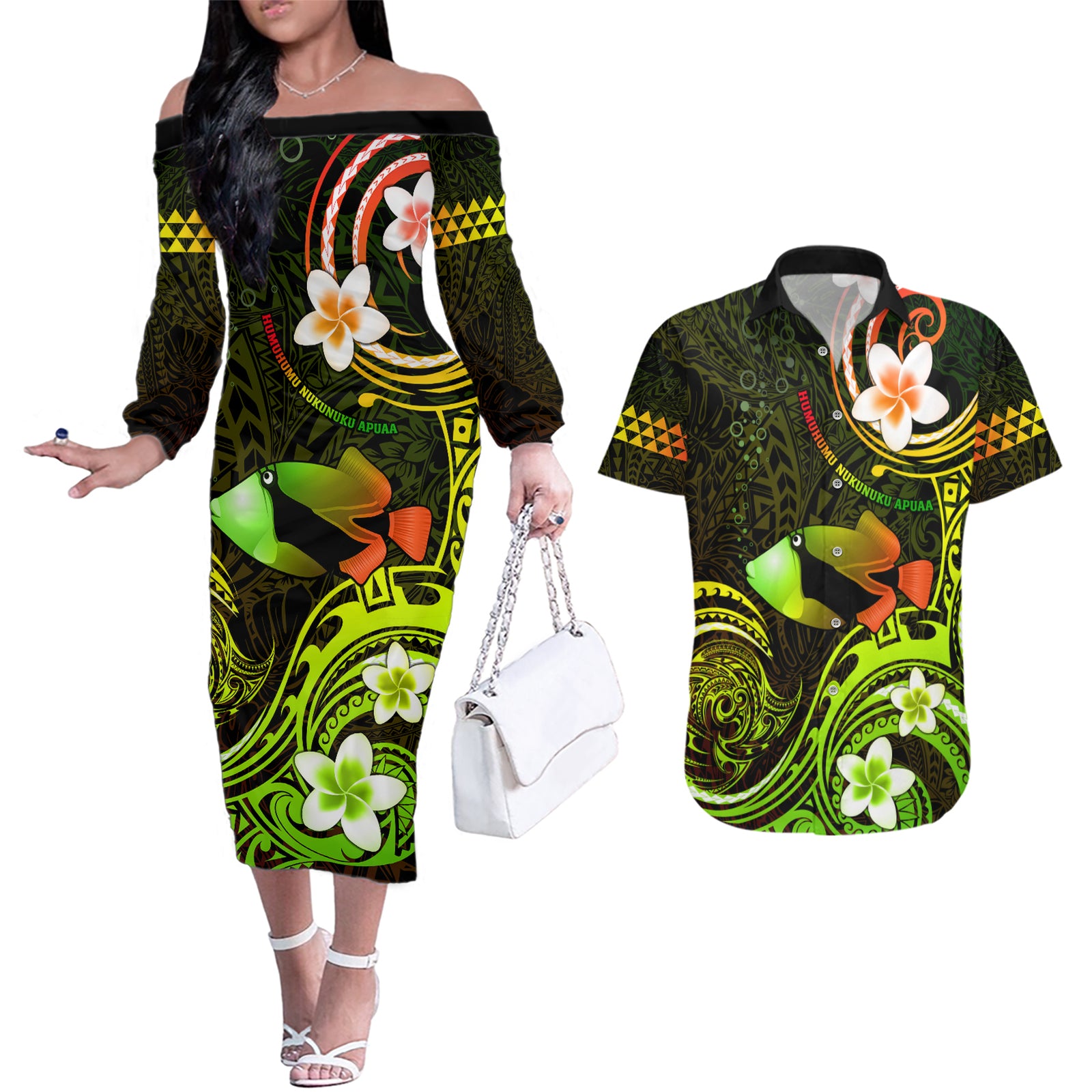 Personalised Hawaii Humuhumu Reef Triggerfish Couples Matching Off The Shoulder Long Sleeve Dress and Hawaiian Shirt Reggae With Plumeria LT05 Reggae - Polynesian Pride