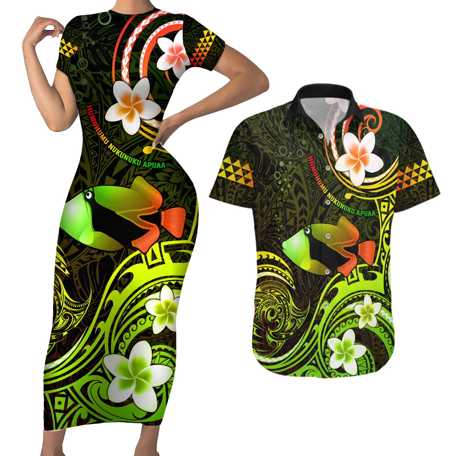 Personalised Hawaii Humuhumu Reef Triggerfish Couples Matching Short Sleeve Bodycon Dress and Hawaiian Shirt Reggae With Plumeria LT05 Reggae - Polynesian Pride