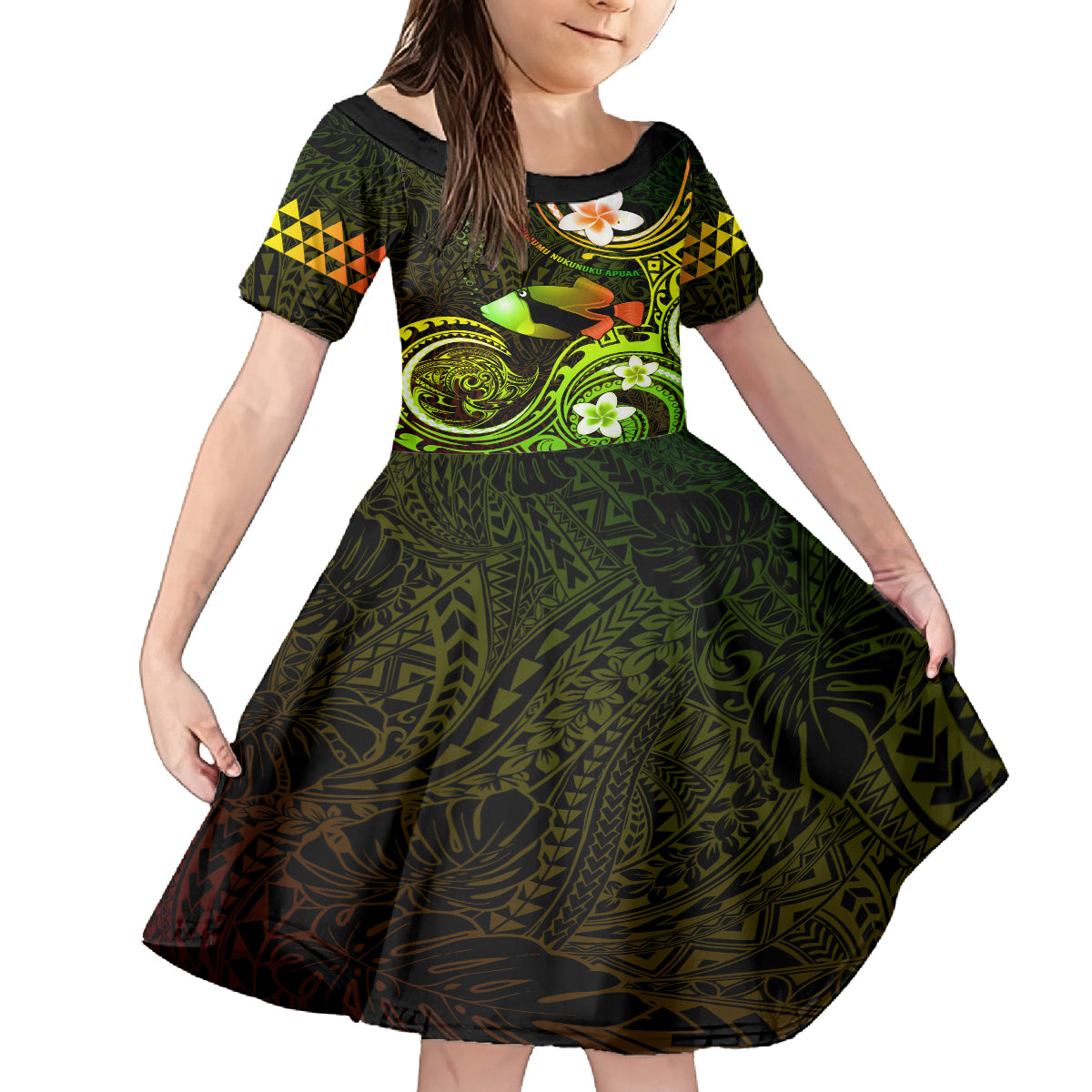 Personalised Hawaii Humuhumu Reef Triggerfish Kid Short Sleeve Dress Reggae With Plumeria LT05 KID Reggae - Polynesian Pride