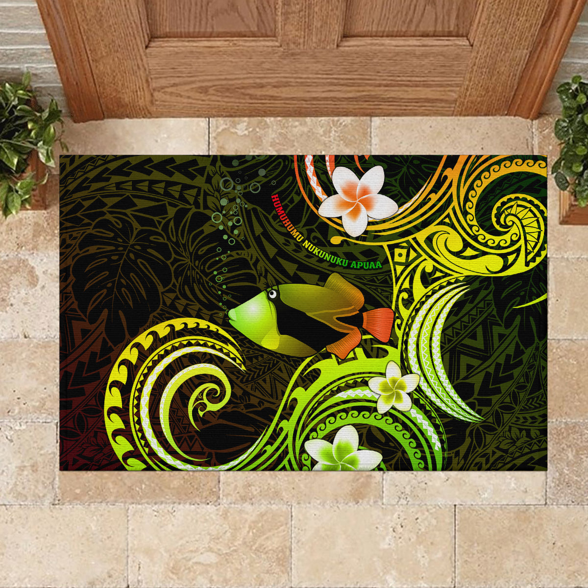 Hawaii Humuhumu Reef Triggerfish Rubber Doormat Reggae With Plumeria LT05 - Polynesian Pride
