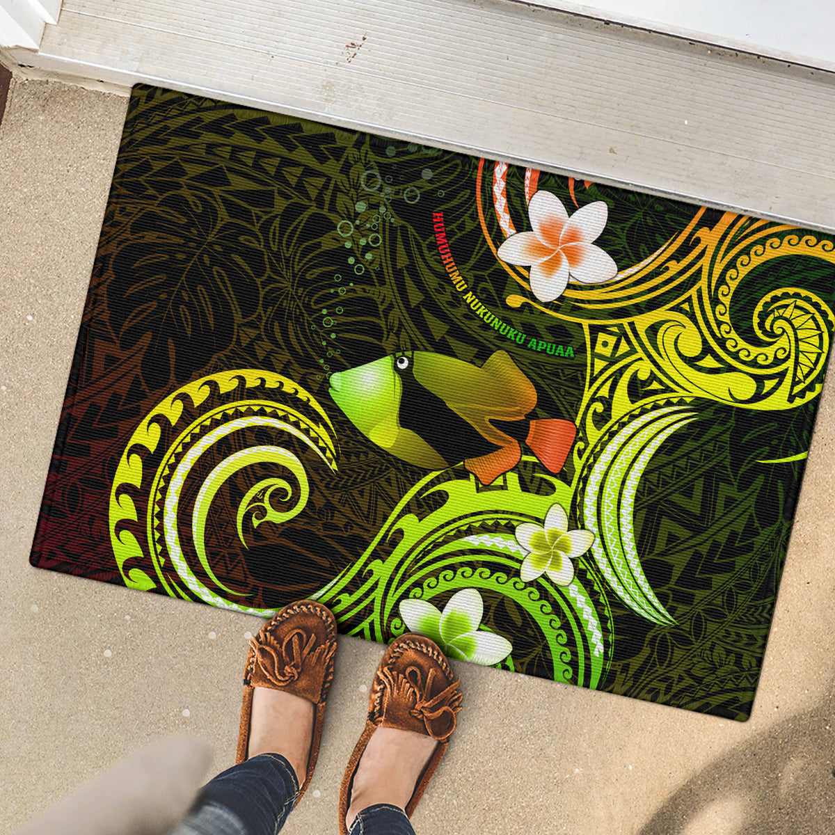 Hawaii Humuhumu Reef Triggerfish Rubber Doormat Reggae With Plumeria LT05 - Polynesian Pride
