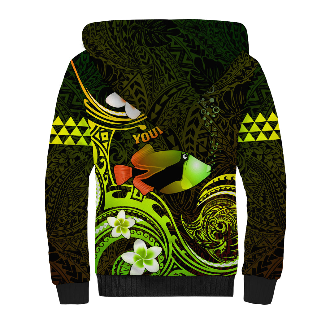 Personalised Hawaii Humuhumu Reef Triggerfish Sherpa Hoodie Reggae With Plumeria LT05 - Polynesian Pride