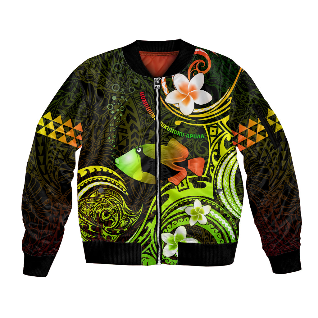 Personalised Hawaii Humuhumu Reef Triggerfish Sleeve Zip Bomber Jacket Reggae With Plumeria LT05 Unisex Reggae - Polynesian Pride