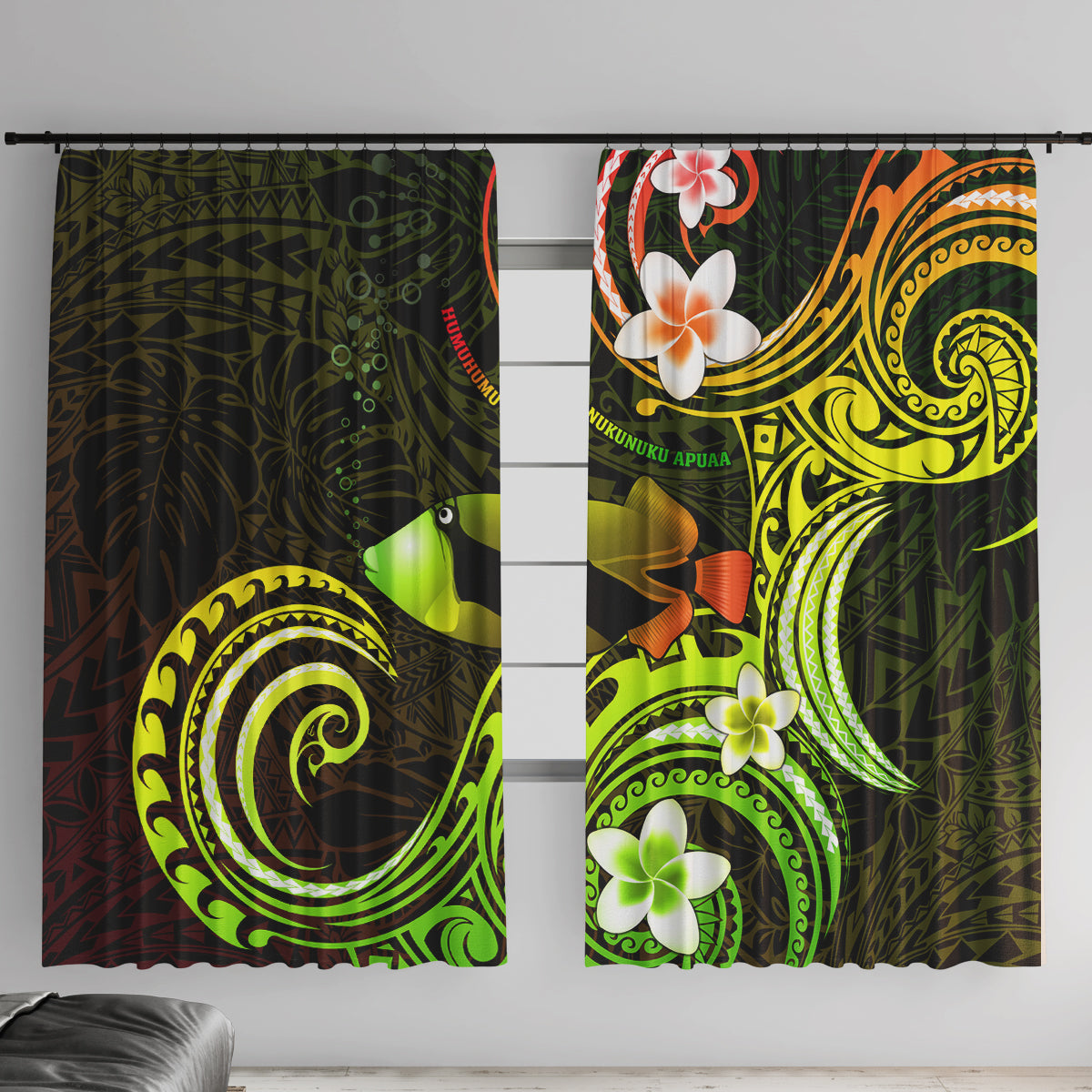 Hawaii Humuhumu Reef Triggerfish Window Curtain Reggae With Plumeria LT05 With Hooks Reggae - Polynesian Pride