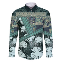 Hawaii Plant Kalo Family Matching Off Shoulder Short Dress and Hawaiian Shirt Hawaiian Tapa Pattern LT05 Dad's Shirt - Long Sleeve Green - Polynesian Pride