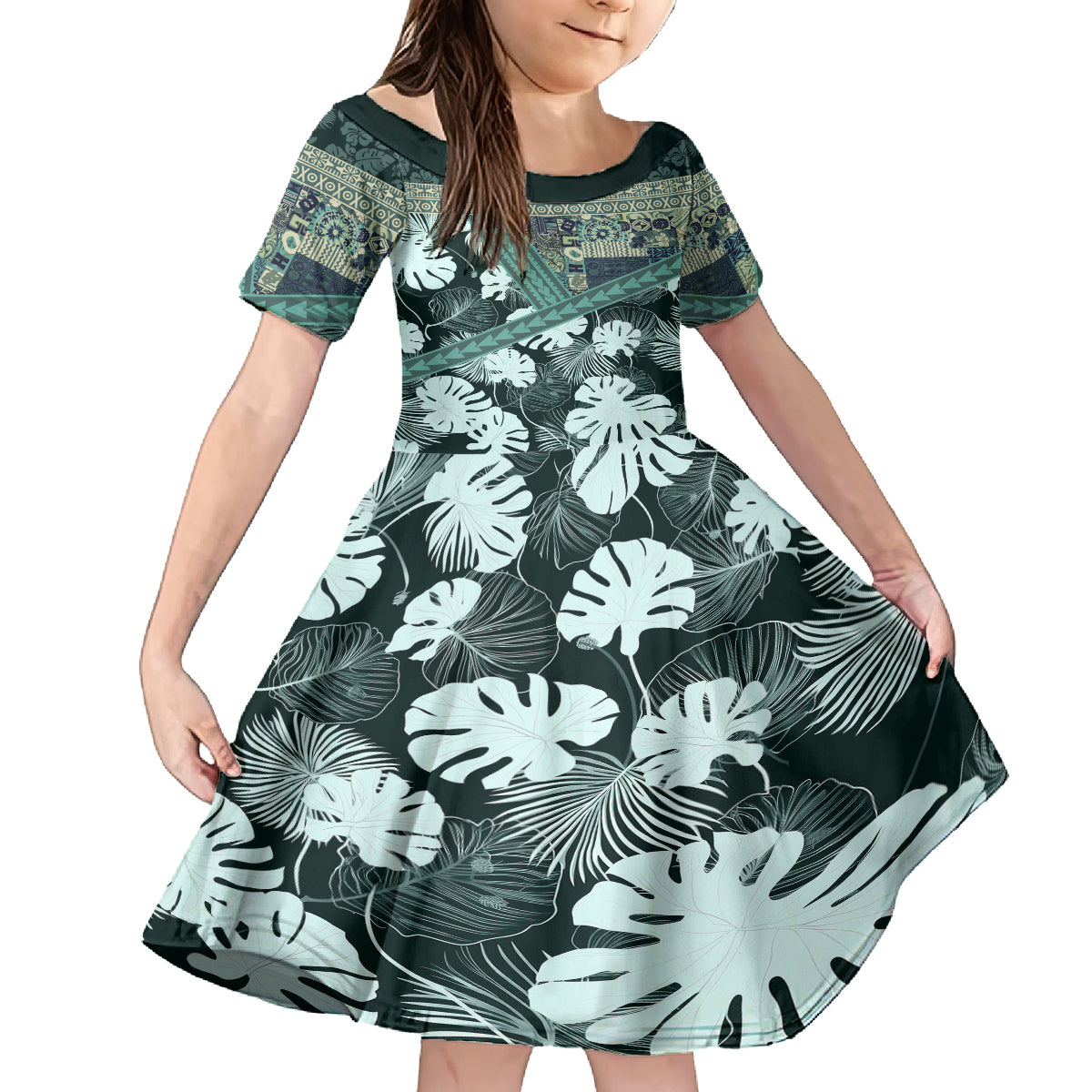 Hawaii Plant Kalo Kid Short Sleeve Dress Hawaiian Tapa Pattern LT05 KID Green - Polynesian Pride